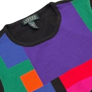 Lauren Ralph Lauren Colorblock Geometric Knit Sweater Black Multi Crew Neck L 80